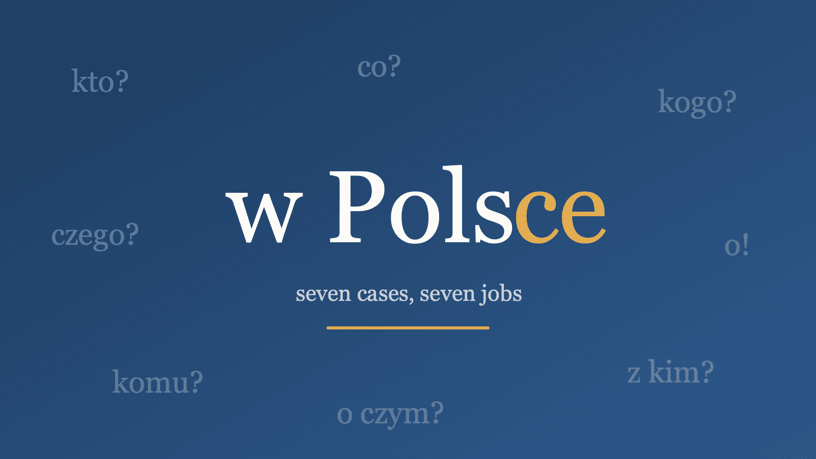 The Polish phrase 'w Polsce' with its mutated Locative ending -ce highlighted in gold, surrounded by the seven case questions