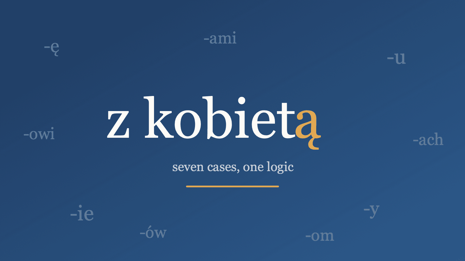 The Polish phrase 'z kobietą' with its instrumental ending -ą highlighted in gold, surrounded by floating case endings