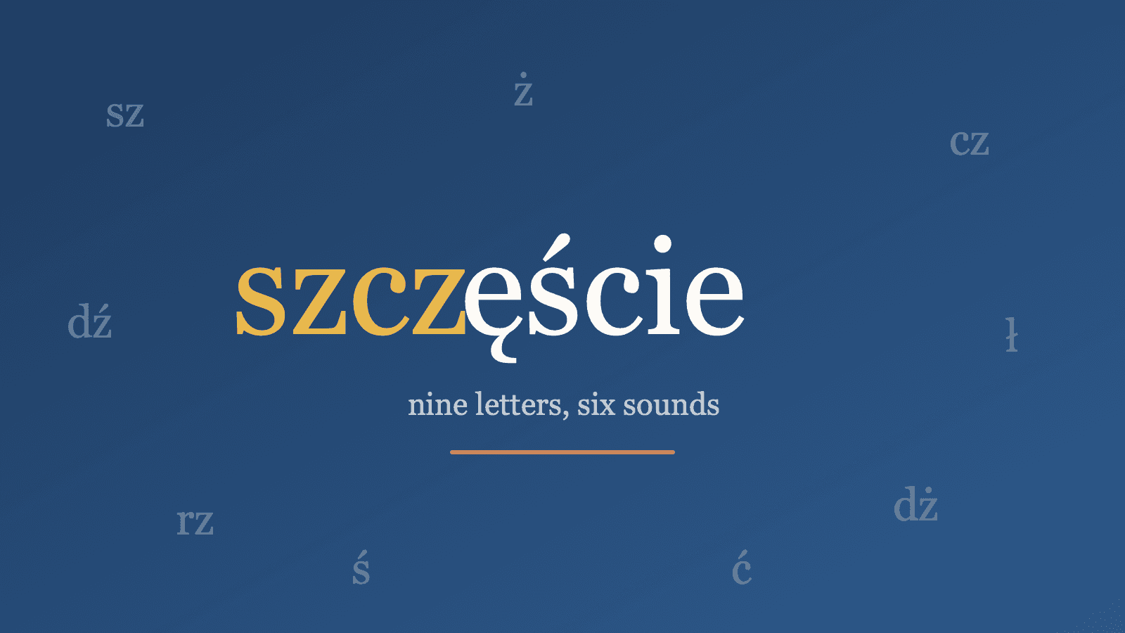 The Polish word szczęście with the szcz consonant cluster highlighted in gold, surrounded by floating digraphs
